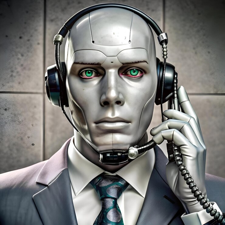 Foto un robot humanoide con ojos verdes con auriculares y traje mira directamente al espectador