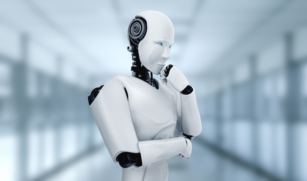 Robot humanóide pensando AI analisando dados de informações no conceito de inteligência artificial
