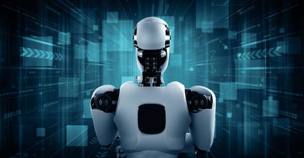 Un robot humanoide pensante que analiza los datos de la información