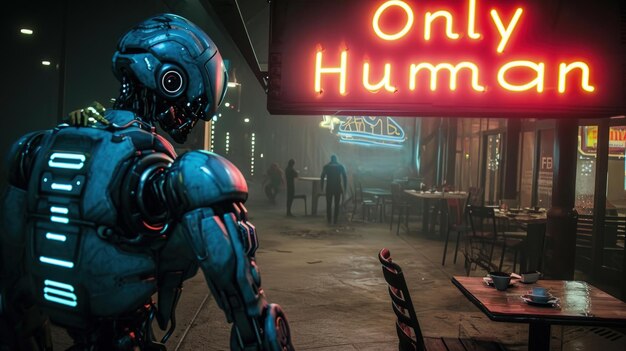 Robot humanoide de pie frente a un letrero de neón Sólo humano en un bar o café callejón oscuro de la ciudad cyberpunk con poca luz Concepto de distopía restricción tecnología de IA y futuro