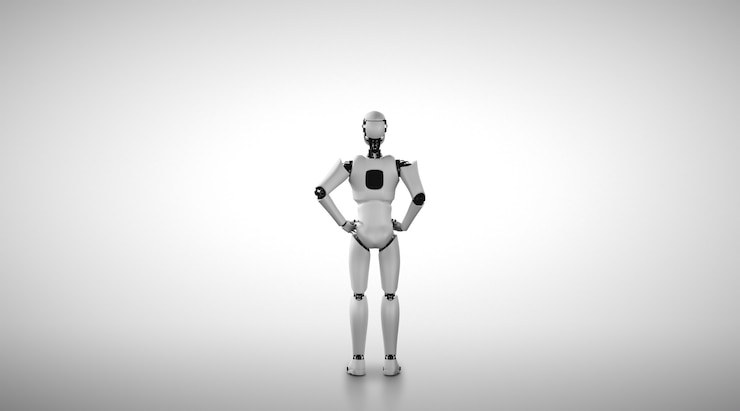 Foto robot humanoide de pie mirando hacia adelante sobre fondo limpio