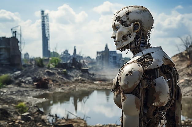 Un robot humanoide de pie en las ruinas de una próspera metrópolis creada con IA