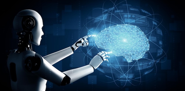 Un robot humanoide que toca una pantalla holográfica virtual que muestra el concepto de un cerebro artificial