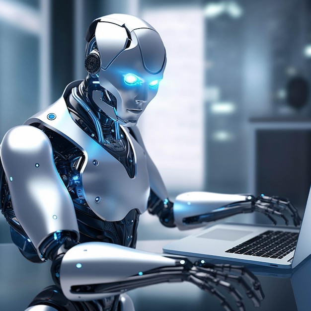 Robot humanoide que trabaja con una computadora portátil en la representación 3D de la oficina