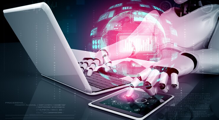 Foto robot humanoide que usa una computadora portátil y se sienta a la mesa para el análisis de big data usando el cerebro de pensamiento de ia