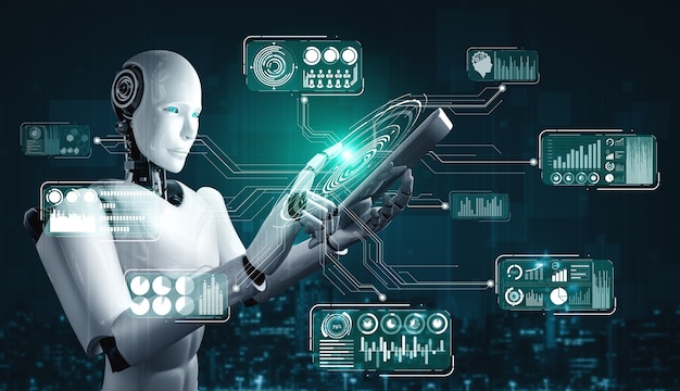Robot humanoide que usa una tableta para análisis de datos grandes con inteligencia artificial