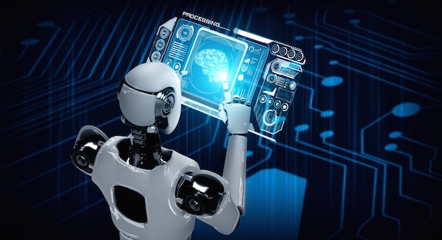 Robot humanoide que usa una tableta en concepto de cerebro pensante de IA