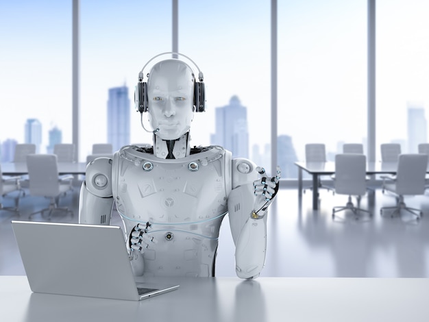 Robot humanoide de renderización 3D que trabaja con auriculares y portátil