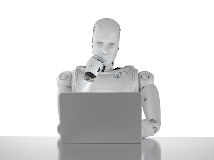 Foto robot humanoide de renderización 3d trabajando en una computadora portátil
