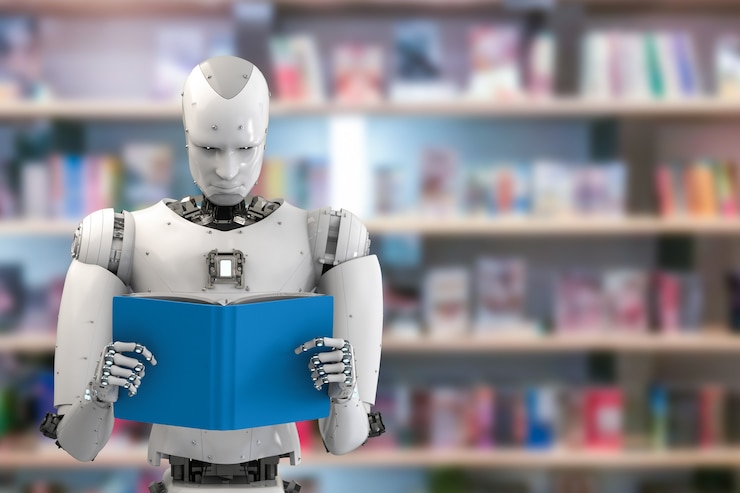 Foto robot humanoide de renderizado 3d leyendo un libro en la biblioteca