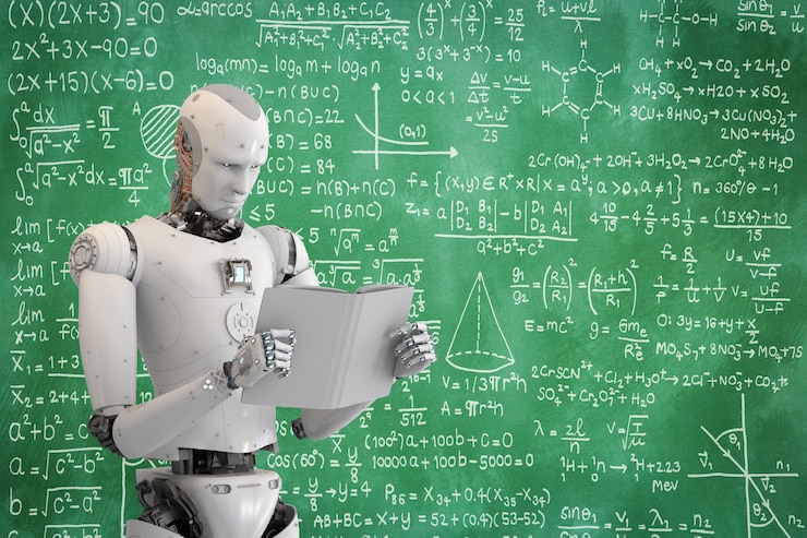 Foto robot humanoide de renderizado 3d leyendo un libro