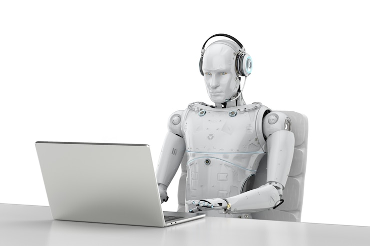 Foto robot humanoide de renderizado 3d que trabaja con auriculares y portátil
