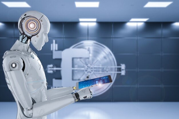 Robot humanoide de renderizado 3D que trabaja con tableta digital en caja fuerte de depósito bancario