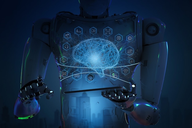 Robot humanoide de renderizado 3D con tableta con cerebro ai