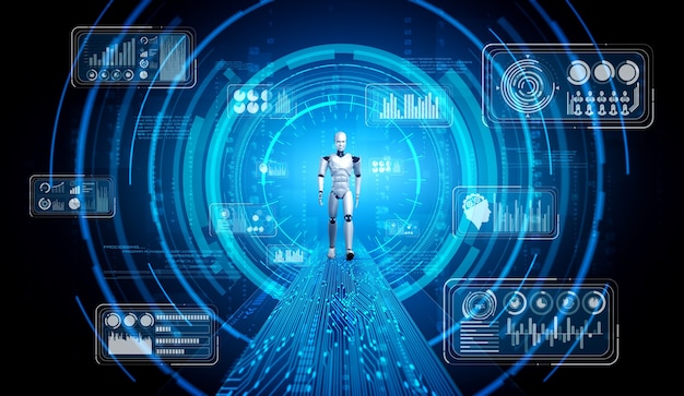 Robot humanoide de representación 3D que analiza grandes datos usando el pensamiento de IA