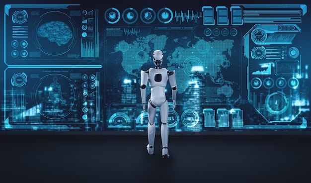 Robot humanoide de representación 3D que analiza grandes datos usando el pensamiento de IA