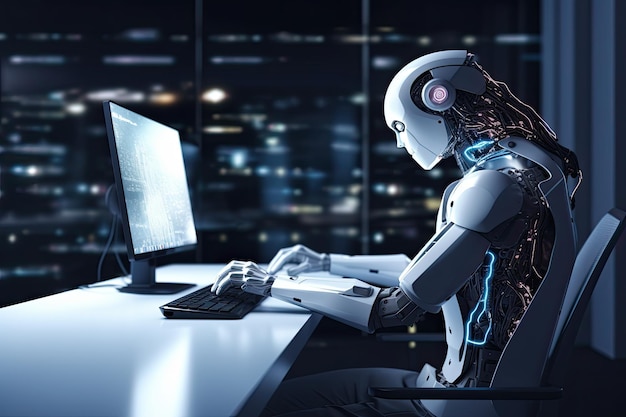 Robot humanoide de representación 3D que trabaja con una computadora en una oficina moderna por la noche Robot humanoide que trabaja con una computadora en una oficina Un robot futurista de IA que programa en una computadora personal