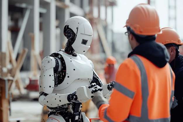 Un robot humanoide con ropa de trabajador en un sitio de construcción rodeado de maquinaria y estructuras