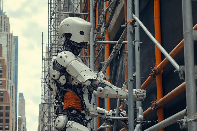 Un robot humanoide con ropa de trabajador en un sitio de construcción rodeado de maquinaria y estructuras