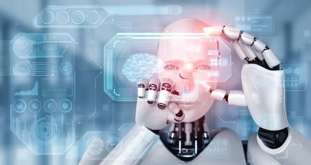 Robot humanoide sostiene pantalla de holograma HUD en concepto de cerebro pensante de IA