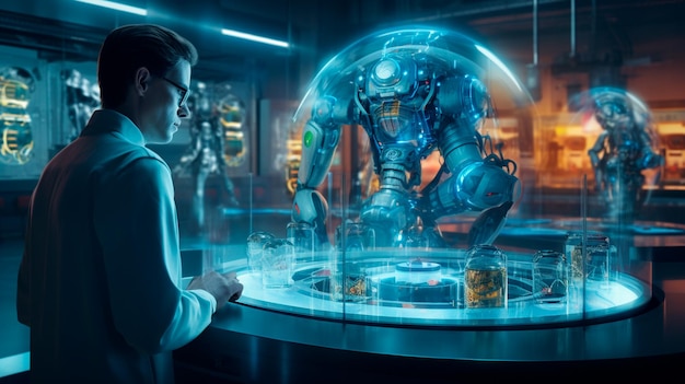 Robot humanoide trabajando en tecnología científica moderna Ilustrador de IA generativa