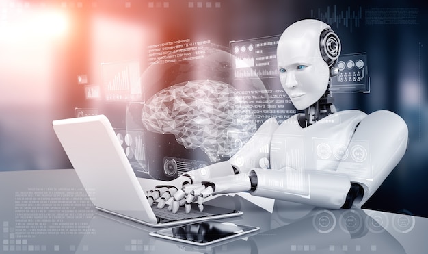 El robot humanoide usa una computadora portátil y se sienta a la mesa en concepto de cerebro pensante de IA
