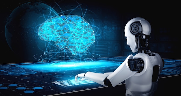 El robot humanoide usa una computadora portátil y se sienta a la mesa en concepto de cerebro pensante de IA