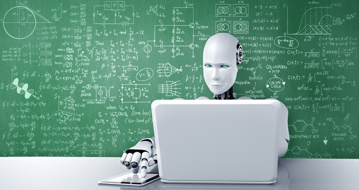 Foto robot humanoide usa una computadora portátil y se sienta a la mesa para estudiar ciencias de la ingeniería