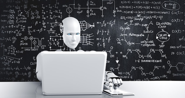 El robot humanoide usa una computadora portátil y se sienta a la mesa para estudiar ciencias de la ingeniería