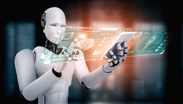 Robot humanoide usa teléfono móvil o tableta en concepto de cerebro pensante de IA