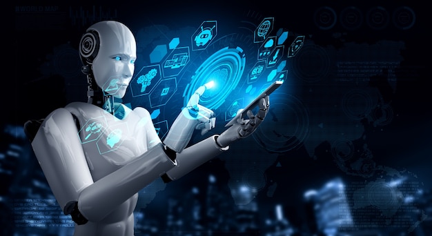 Robot humanoide usa teléfono móvil o tableta para conexión de red global