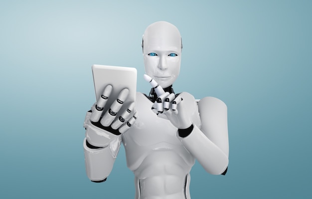 Robot humanoide usa teléfono móvil o tableta en la futura oficina