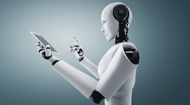 Robot humanoide usa teléfono móvil o tableta en la oficina futura