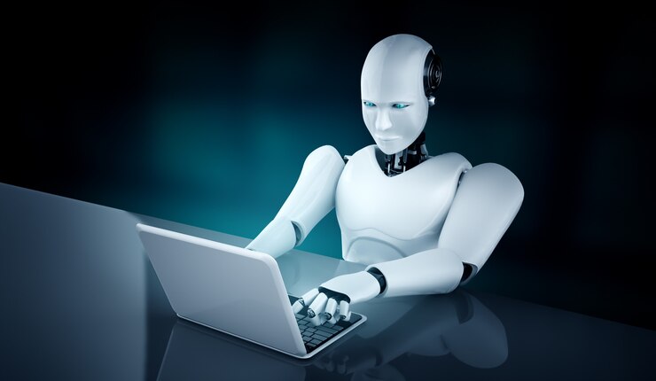 Foto robot humanoide usando una computadora portátil
