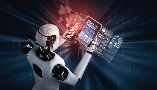 Robot humanoide usando una tableta para el análisis de grandes datos
