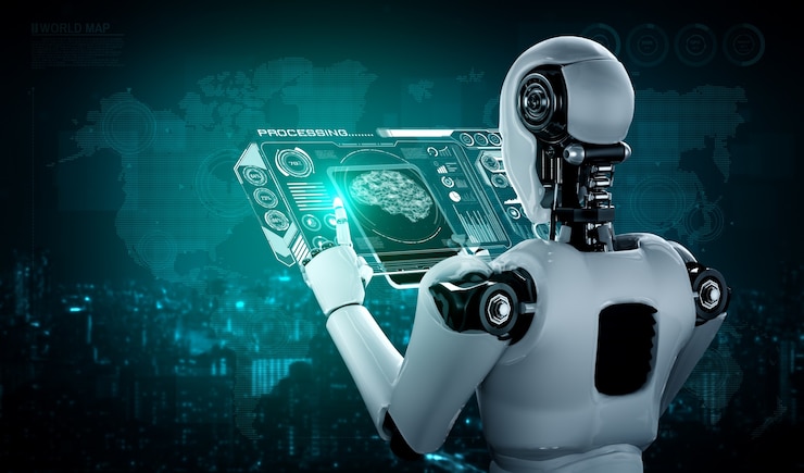Foto robot humanoide usando una tableta para el análisis de grandes datos