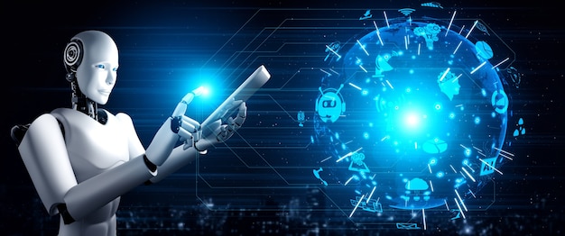 Robot humanoide usando tableta para conexión de red global