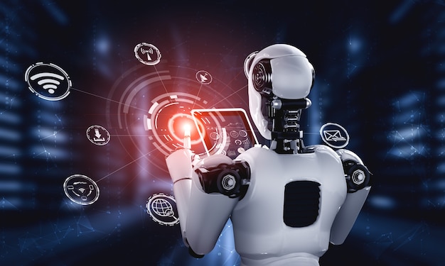 Robot humanoide usando tableta para conexión de red global