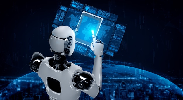 Robot humanoide usando tableta para conexión de red global