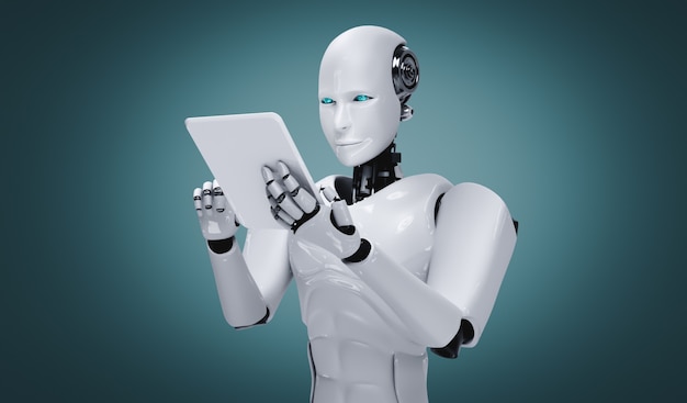 Robot humanoide usando una tableta en la oficina del futuro