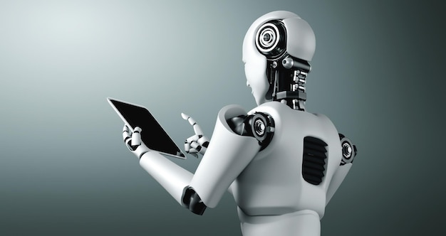 Robot humanoide usando una tableta en la oficina del futuro