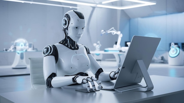 Robot humanoide usando una tableta en la oficina del futuro