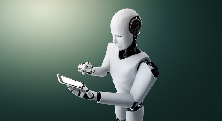 Foto robot humanoide usando un teléfono