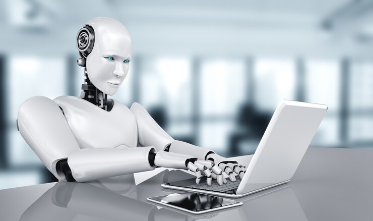 Foto robot humanoide usar computadora portátil y sentarse a la mesa en la oficina del futuro