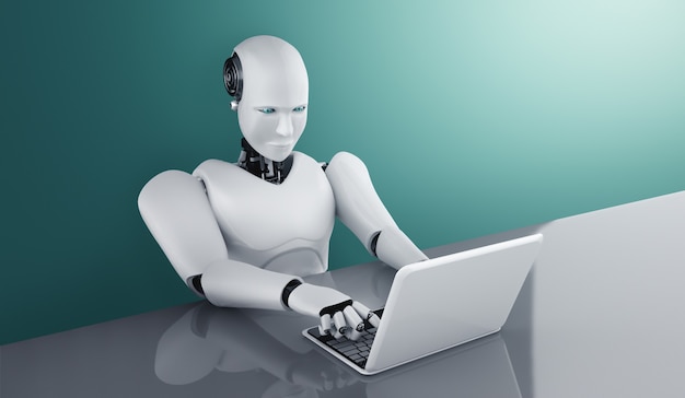 Robot humanoide usar computadora portátil y sentarse a la mesa en la oficina del futuro