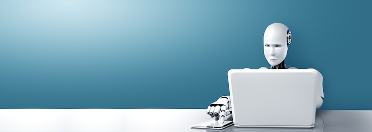 Foto robot humanoide usar computadora portátil y sentarse a la mesa en la oficina del futuro
