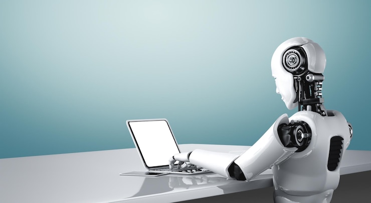 Foto robot humanoide usar computadora portátil y sentarse a la mesa en la oficina del futuro