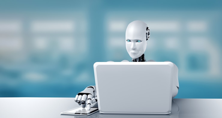 Foto robot humanoide usar computadora portátil y sentarse a la mesa en la oficina del futuro