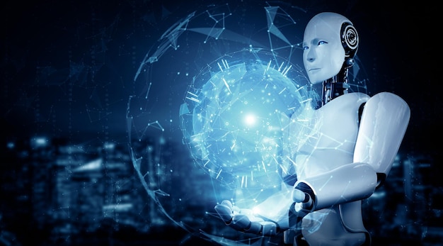 El robot humanoide Xai ai con una pantalla holográfica muestra el concepto de comunicación global