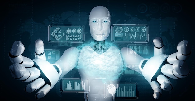El robot humanoide Xai ai sostiene una pantalla de holograma virtual que muestra el concepto de big data